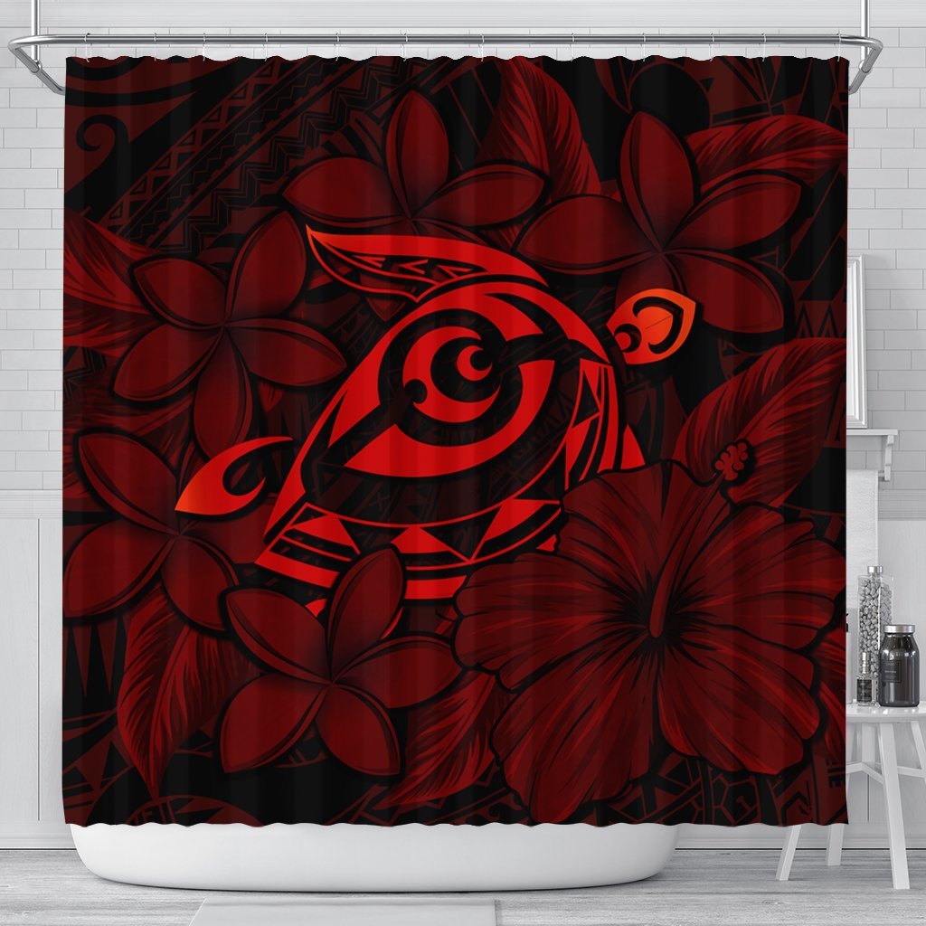 Hawaiian Turtle Hibiscus Plumeria Kanaka Polynesian Shower Curtain Red - Soft Style - AH 177 x 172 (cm) Black - Polynesian Pride