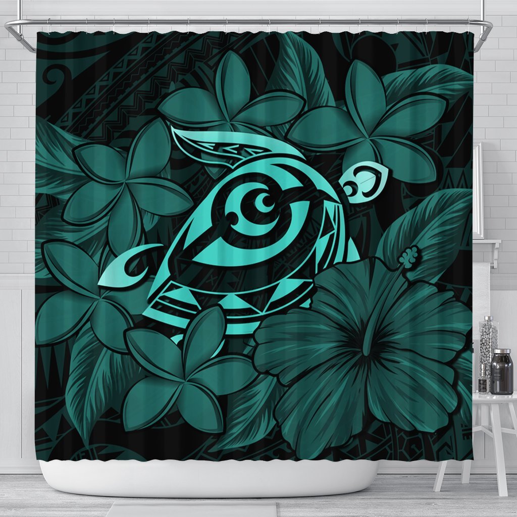 Hawaiian Turtle Hibiscus Plumeria Kanaka Polynesian Shower Curtain Turquoise - Soft Style - AH 177 x 172 (cm) Black - Polynesian Pride