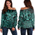 Hawaiian Turtle Hibiscus Plumeria Kanaka Polynesian Women's Off Shoulder Sweater Turquoise - Soft Style - AH Black - Polynesian Pride