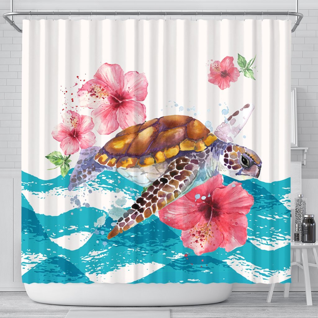 Hawaiian Turtle Hibiscus Waves Polynesian Shower Curtain - AH 177 x 172 (cm) Black - Polynesian Pride