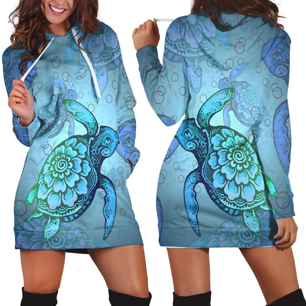 Hawaiian Turtle In The Sea Bubble Polynesian Hoodie Dress - AH Black - Polynesian Pride