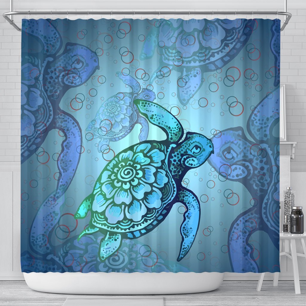 Hawaiian Turtle In The Sea Bubble Polynesian Shower Curtain - AH 177 x 172 (cm) Black - Polynesian Pride