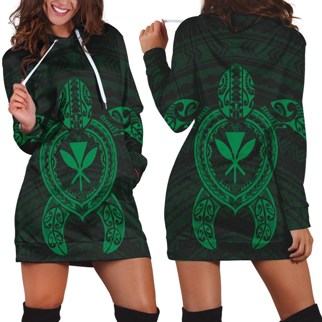 Hawaiian Turtle Kanaka Polynesian Hoodie Dress - Green - AH Black - Polynesian Pride