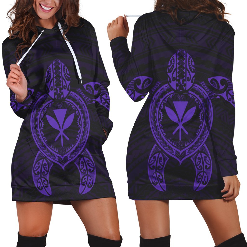 Hawaiian Turtle Kanaka Polynesian Hoodie Dress - Purple - AH Black - Polynesian Pride