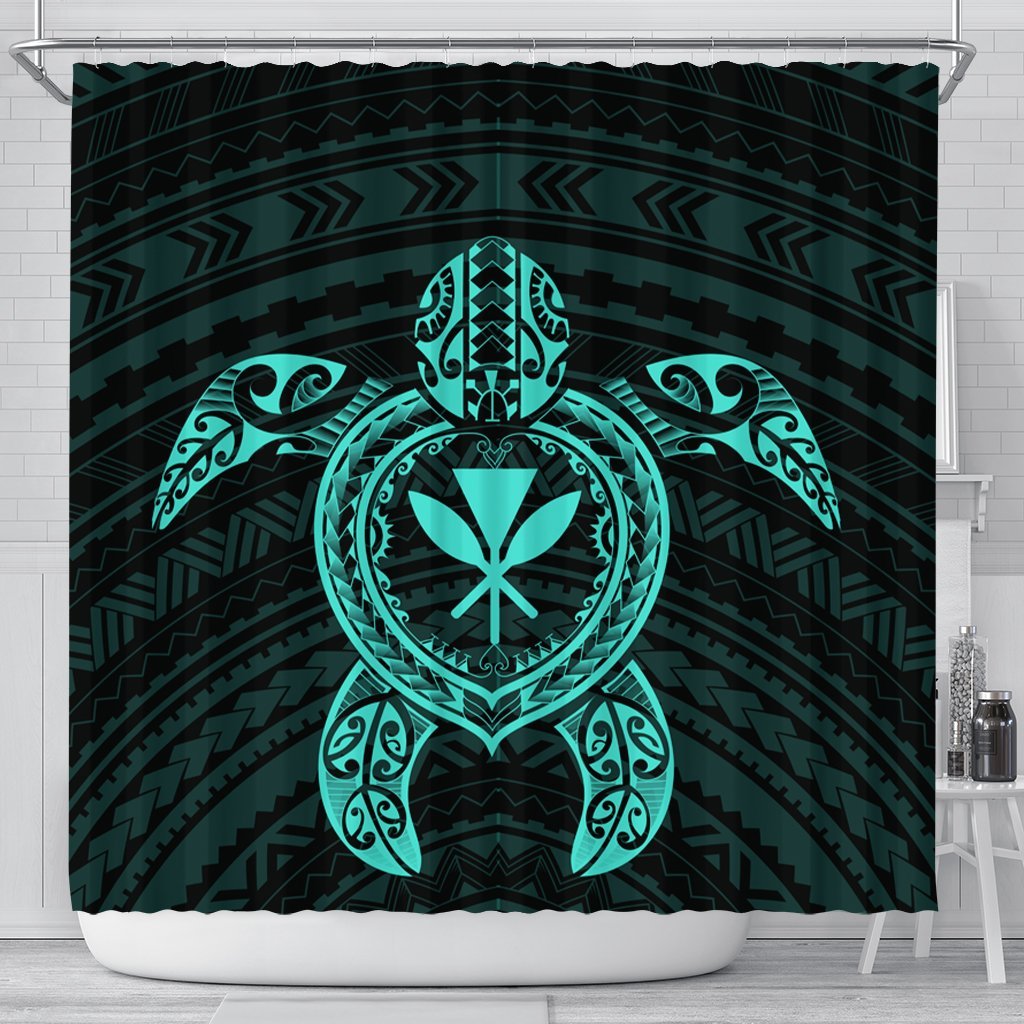 Hawaiian Turtle Kanaka Polynesian Shower Curtain - Turquoise - AH 177 x 172 (cm) Black - Polynesian Pride