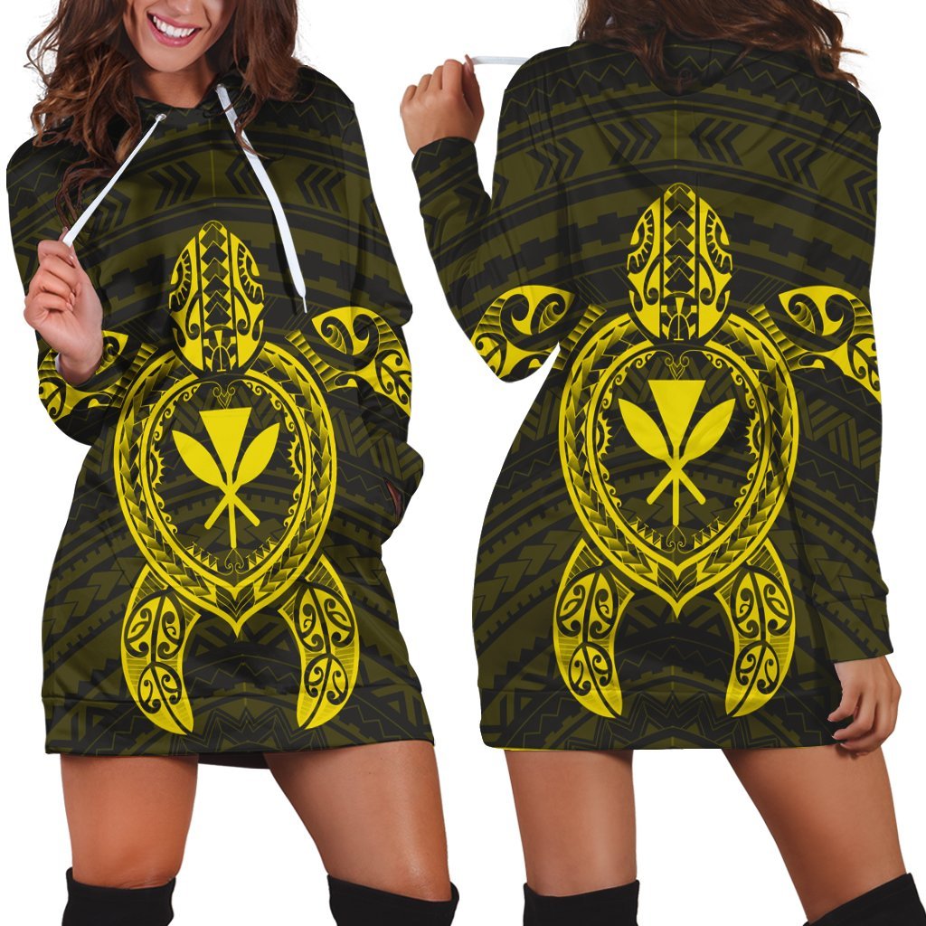 Hawaiian Turtle Kanaka Polynesian Hoodie Dress - Yellow - AH Black - Polynesian Pride