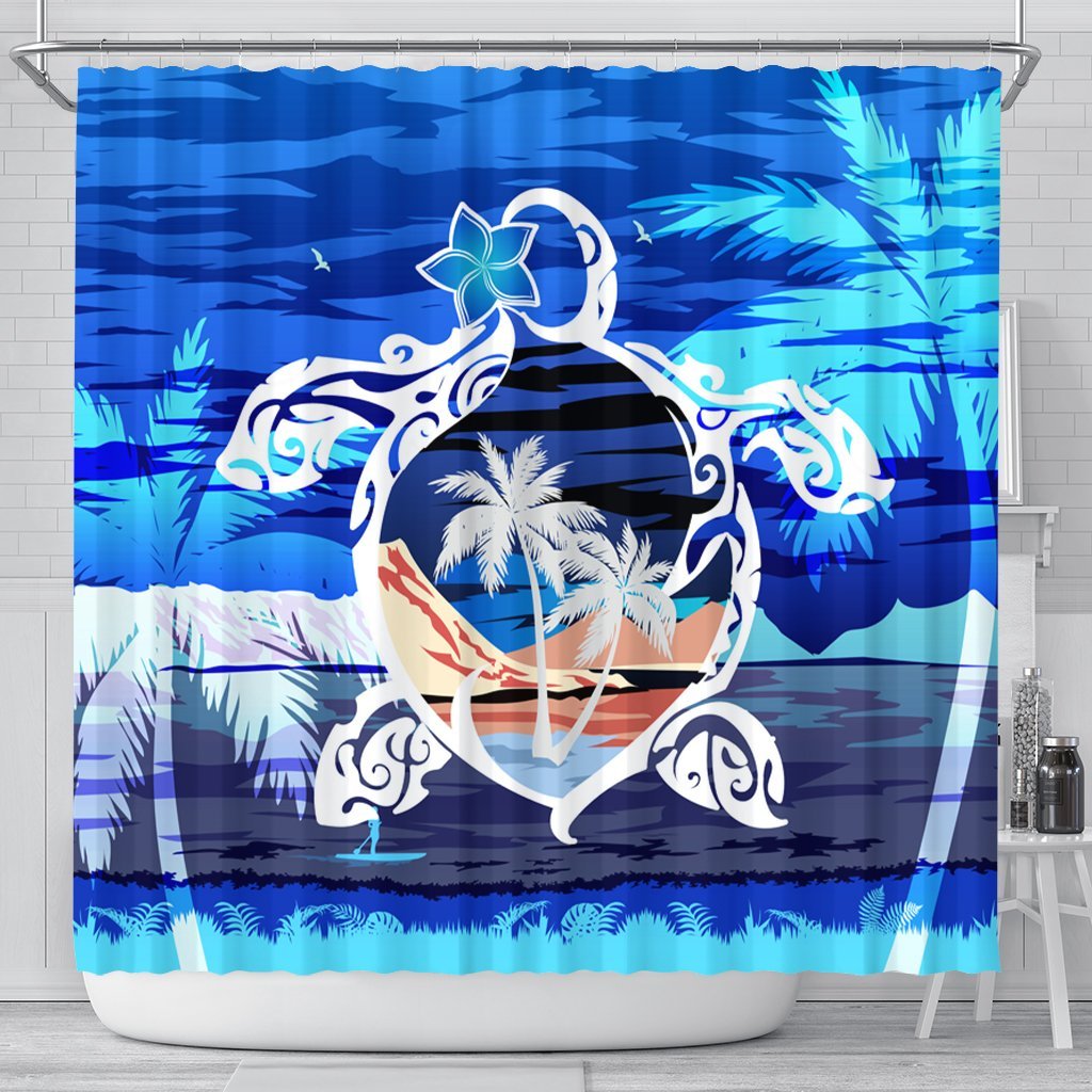 Hawaiian Turtle Plumeria Coconut Tree Polynesian Shower Curtain Blue - AH 177 x 172 (cm) Black - Polynesian Pride