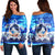 Hawaiian Turtle Plumeria Coconut Tree Polynesian Women's Off Shoulder Sweater Blue - AH Black - Polynesian Pride