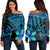 Hawaiian Turtle Plumeria Kakau Polynesian Quilt Women's Off Shoulder Sweater Blue AH Black - Polynesian Pride