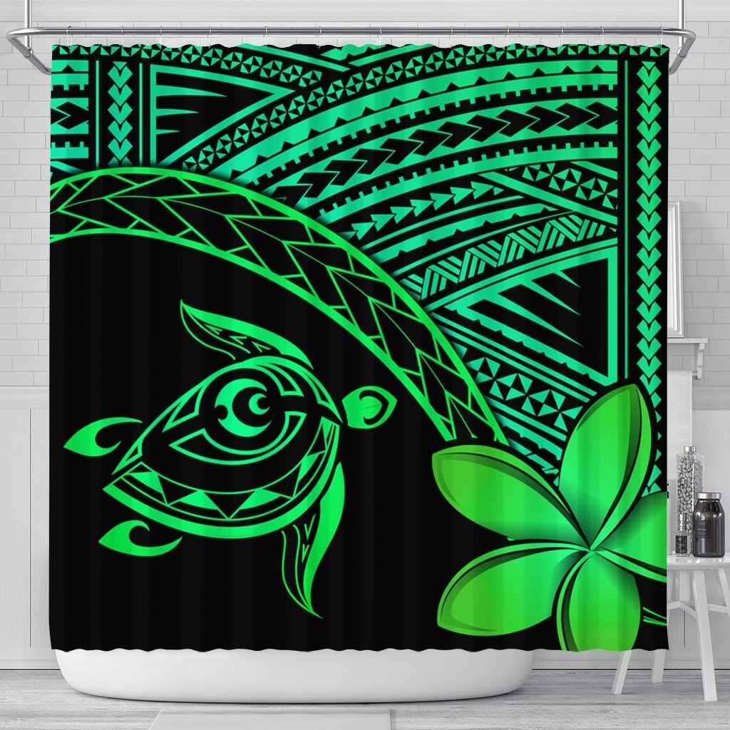 Hawaiian Turtle Plumeria Kakau Polynesian Quilt Shower Curtain Neo Green AH 177 x 172 (cm) Black - Polynesian Pride