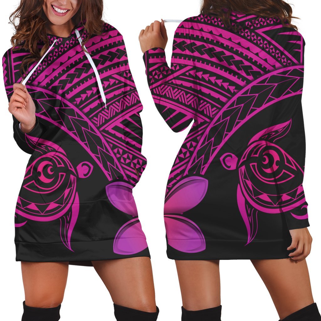 Hawaiian Turtle Plumeria Kakau Polynesian Quilt Hoodie Dress Neo Pink AH Black - Polynesian Pride