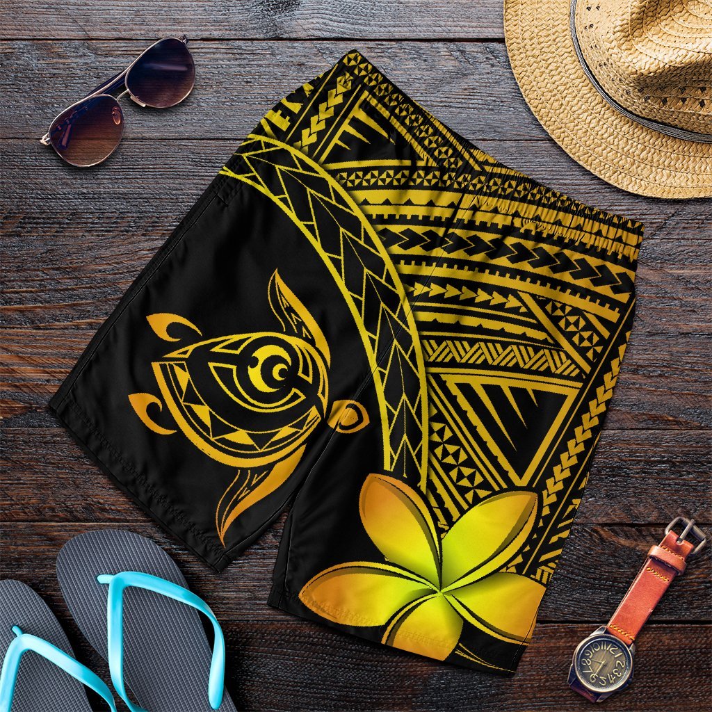 Hawaiian Turtle Plumeria Kakau Polynesian Quilt Men's Shorts - Neo Yellow Art - Polynesian Pride