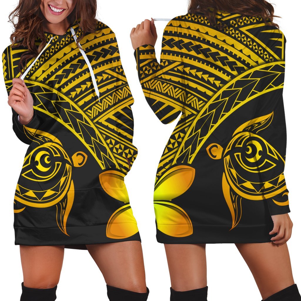 Hawaiian Turtle Plumeria Kakau Polynesian Quilt Hoodie Dress Neo Yellow AH Black - Polynesian Pride