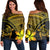 Hawaiian Turtle Plumeria Kakau Polynesian Quilt Women's Off Shoulder Sweater Neo Yellow AH Black - Polynesian Pride