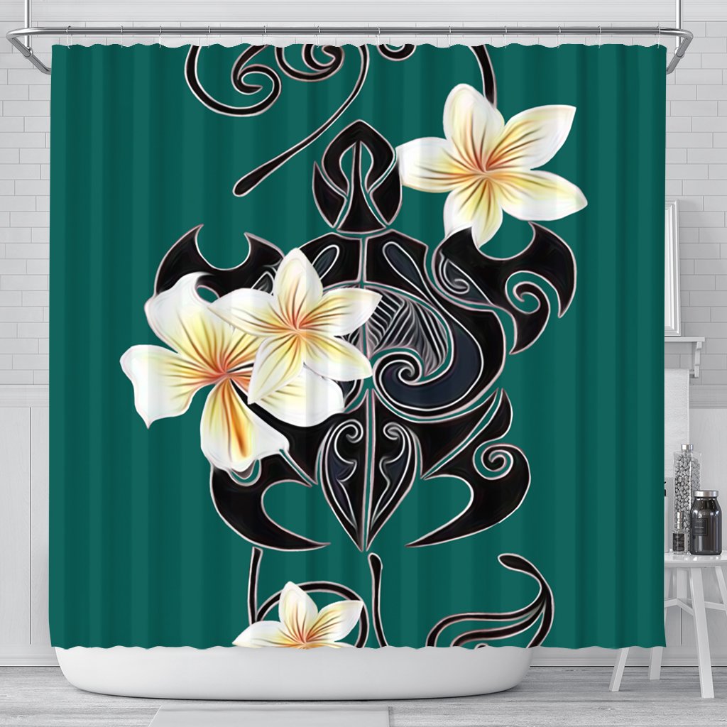 Hawaiian Turtle Plumeria Polynesian Shower Curtain Mint - AH 177 x 172 (cm) Black - Polynesian Pride