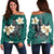 Hawaiian Turtle Plumeria Polynesian Women's Off Shoulder Sweater Mint - AH Black - Polynesian Pride