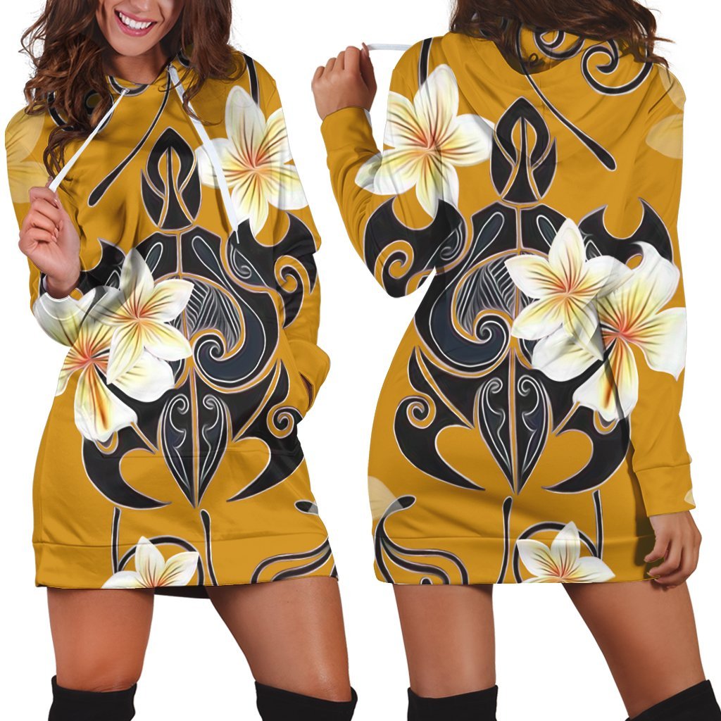 Hawaiian Turtle Plumeria Polynesian Hoodie Dress Yellow - AH Black - Polynesian Pride