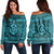 Hawaiian Turtle Polynesian Tribal Women's Off Shoulder Sweater Blue AH Black - Polynesian Pride