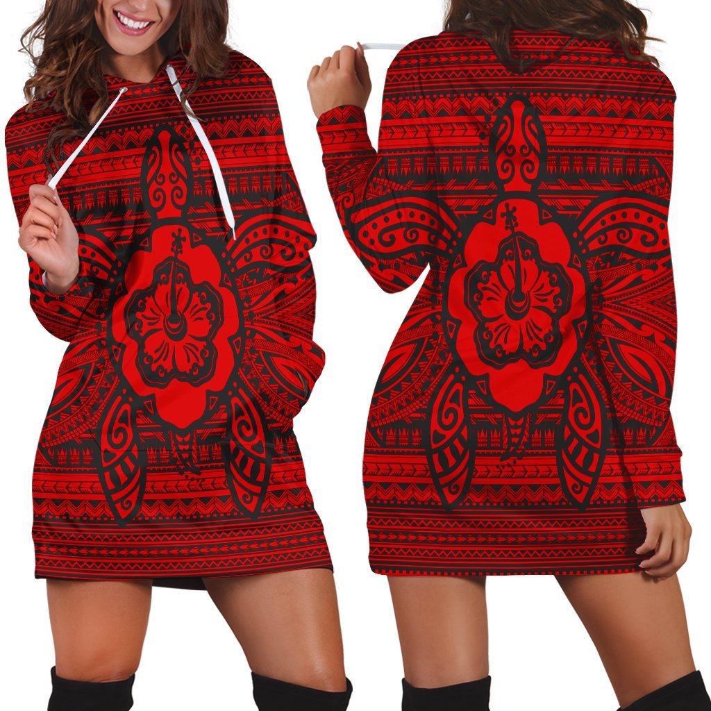 Hawaiian Turtle Polyensian Tribal Hoodie Dress Red AH Black - Polynesian Pride