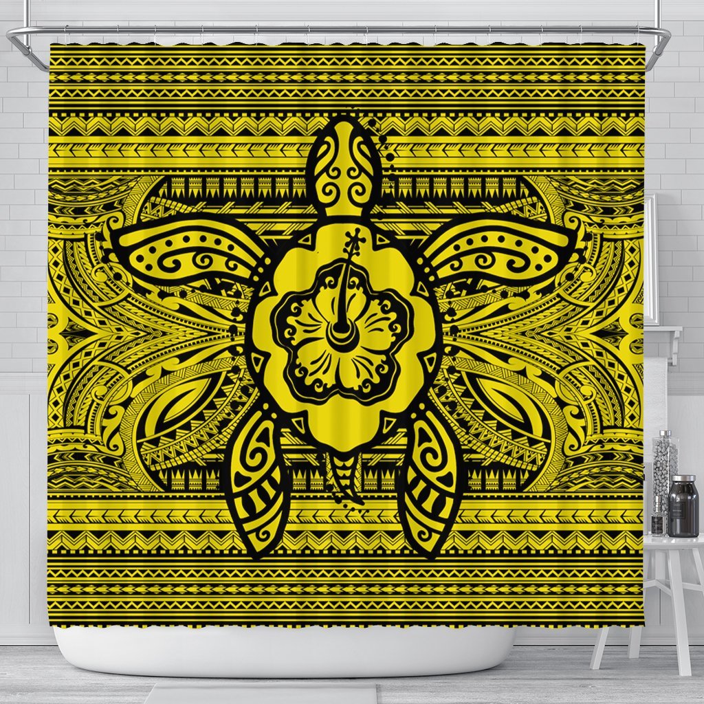 Hawaiian Turtle Polynesian Tribal Shower Curtain Yellow AH 177 x 172 (cm) Black - Polynesian Pride