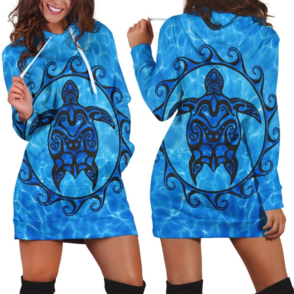 Hawaiian Turtle Polynesia Under The Sea Hoodie Dress - AH Black - Polynesian Pride