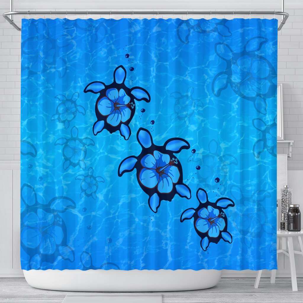 Hawaiian Turtle Swim In The OCean With Hibiscus Polynesian Shower Curtain - AH 177 x 172 (cm) Black - Polynesian Pride