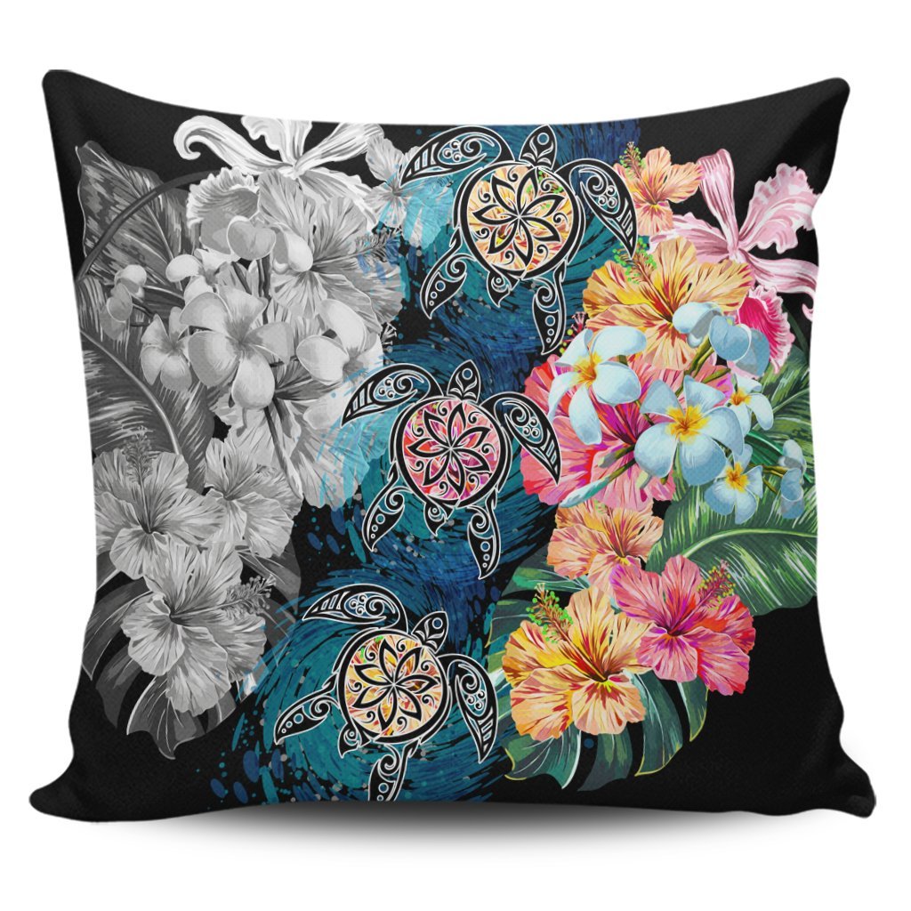 Hawaiian Turtle Swimming Wave Plumeria Hibiscus Polynesian Pillow Covers - Garden Style - AH Pillow Covers Black - Polynesian Pride