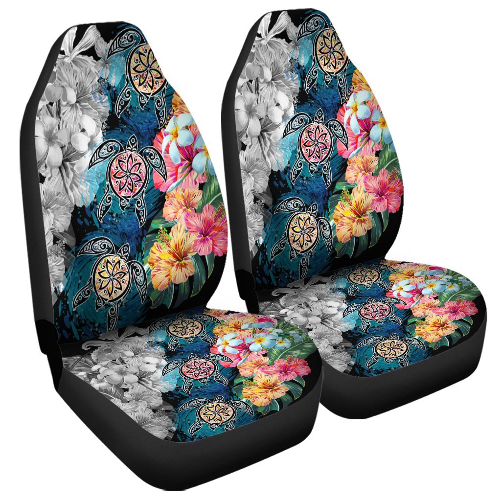 Hawaiian Turtle Swimming Wave Plumeria Hibiscus Polynesian Car Seat Covers - Garden Style - AH Universal Fit Black - Polynesian Pride