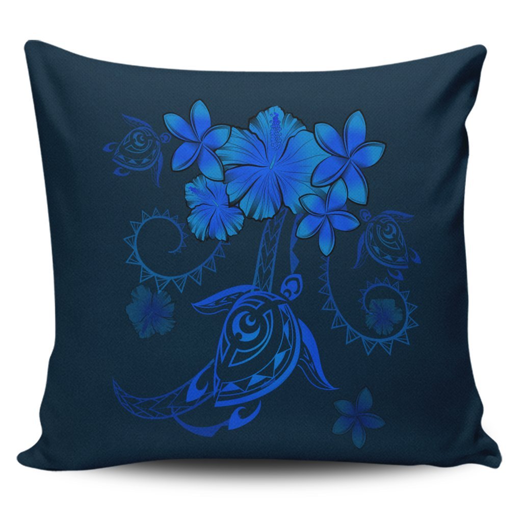 Hawaiian Turtles Hibiscus Plumeria Polynesian Pillow Covers - Blue - AH Pillow Covers Black - Polynesian Pride