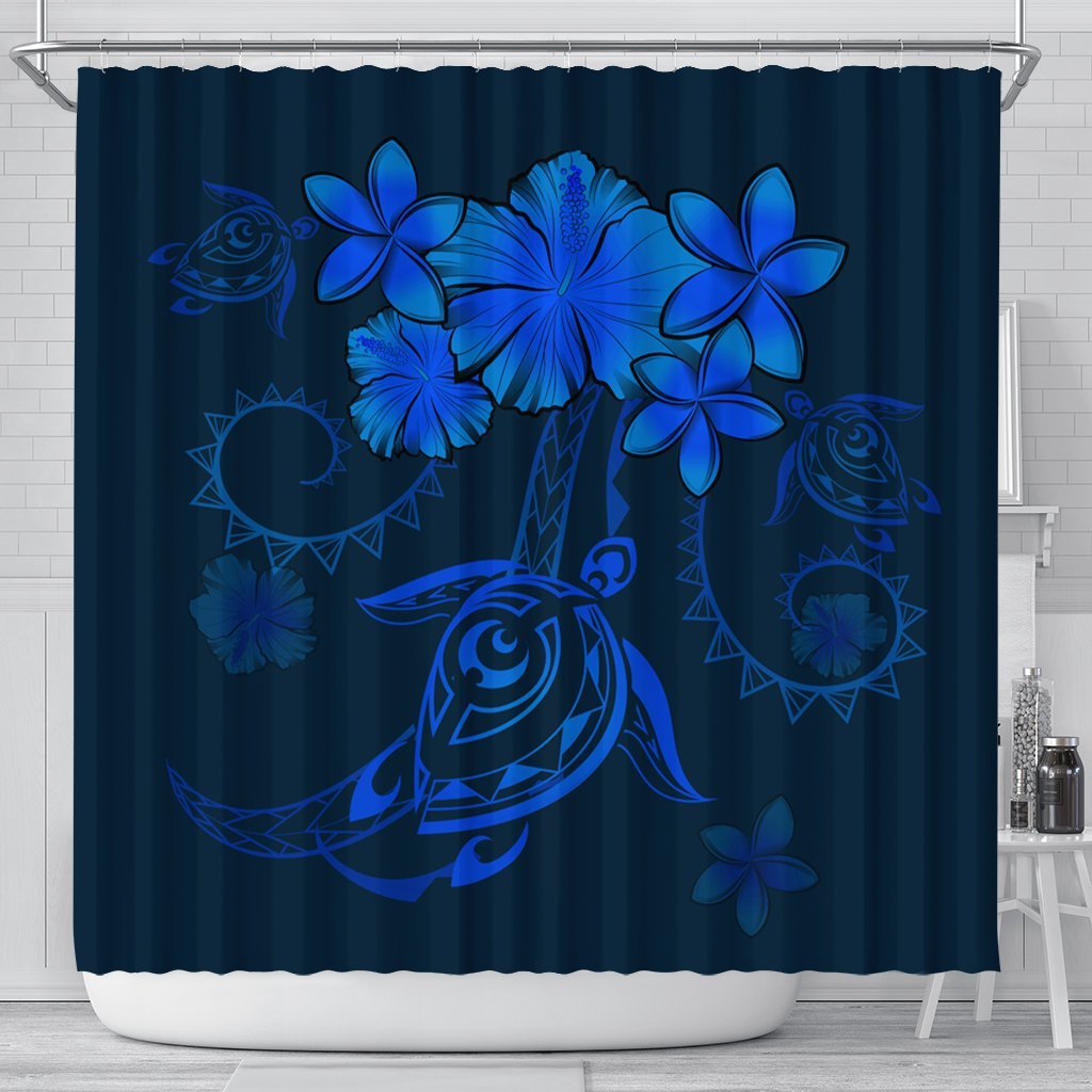 Hawaiian Turtles Hibiscus Plumeria Polynesian Shower Curtain - Blue - AH One Style 177 x 172 (cm) Black - Polynesian Pride