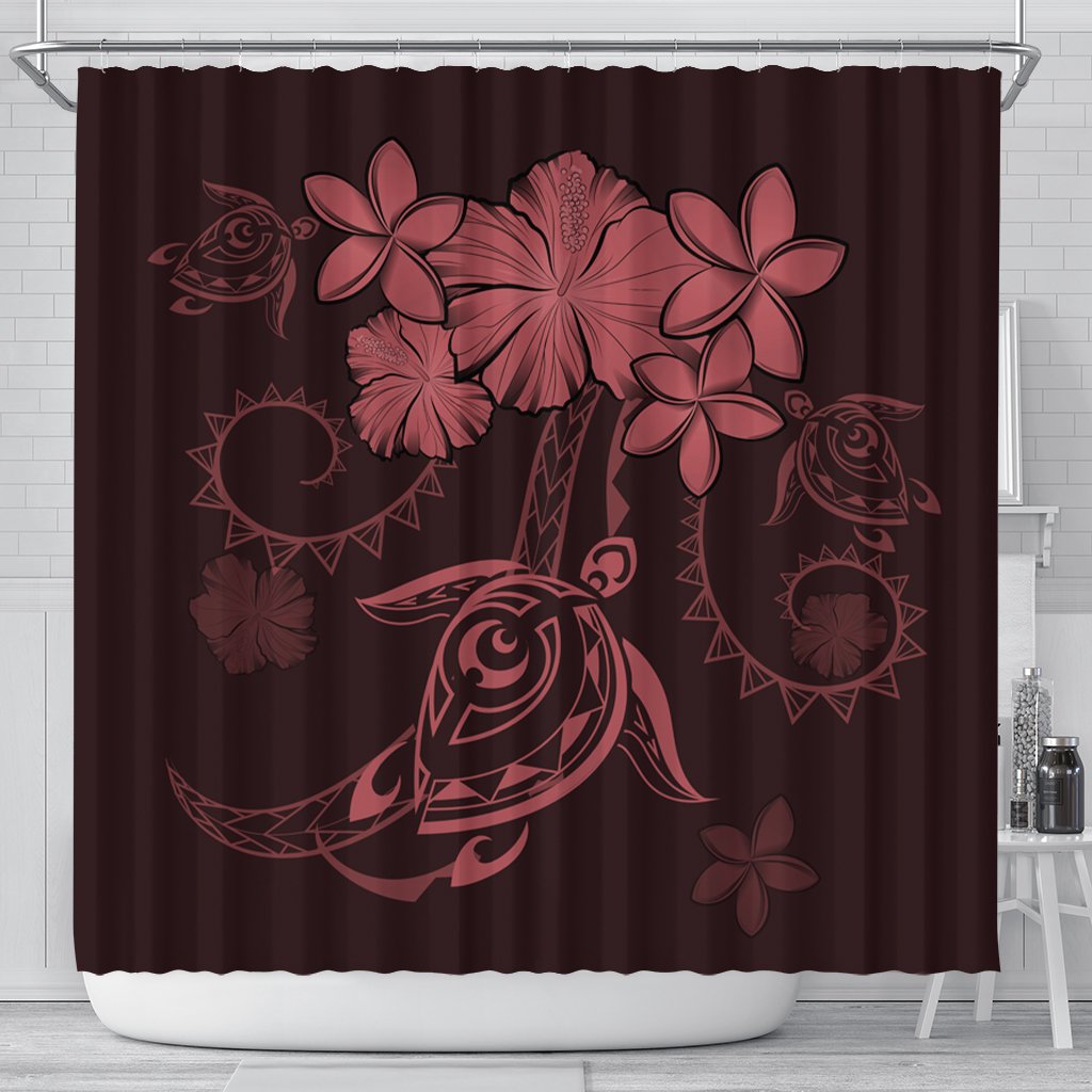 Hawaiian Turtles Hibiscus Plumeria Polynesian Shower Curtain - Pink - AH 177 x 172 (cm) Black - Polynesian Pride