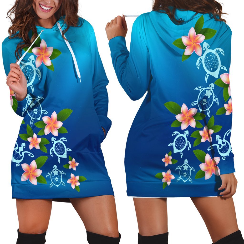 Hawaiian Tuttle And Plumeria Flower In The Sea Polynesian Hoodie Dress - AH Black - Polynesian Pride