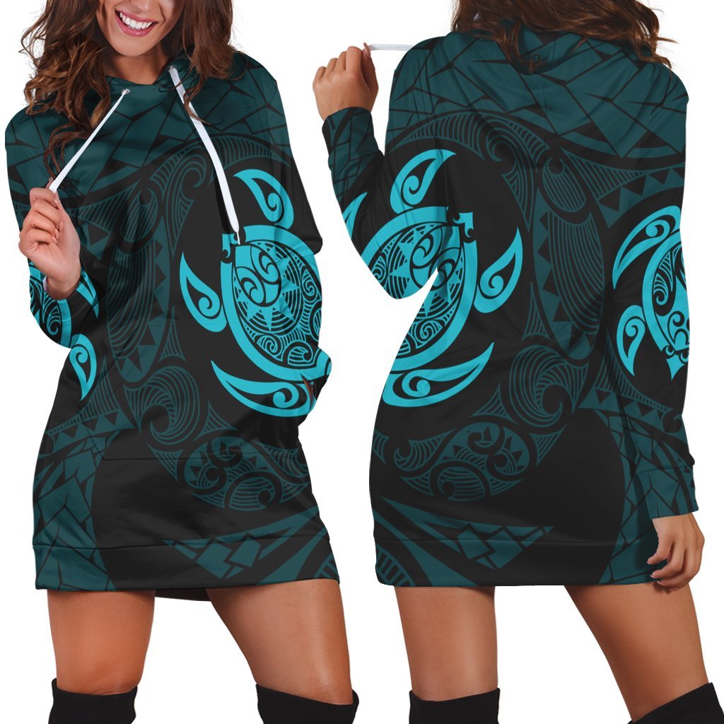 Hawaiian Two Turtle Polynesian Hoodie Dress Blue AH Black - Polynesian Pride