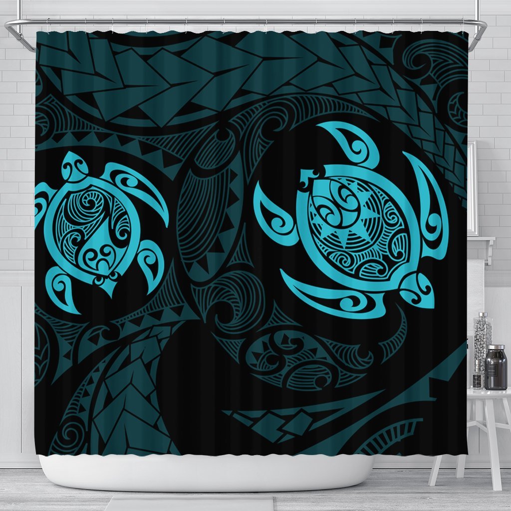 Hawaiian Two Turtle Polynesian Shower Curtain Blue AH 177 x 172 (cm) Black - Polynesian Pride