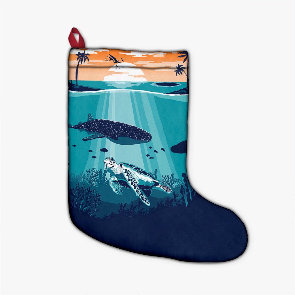 Hawaiian Whale And Turtle In Sunset Polynesian Christmas Stocking - AH Christmas Stocking 26 X 42 cm Black - Polynesian Pride