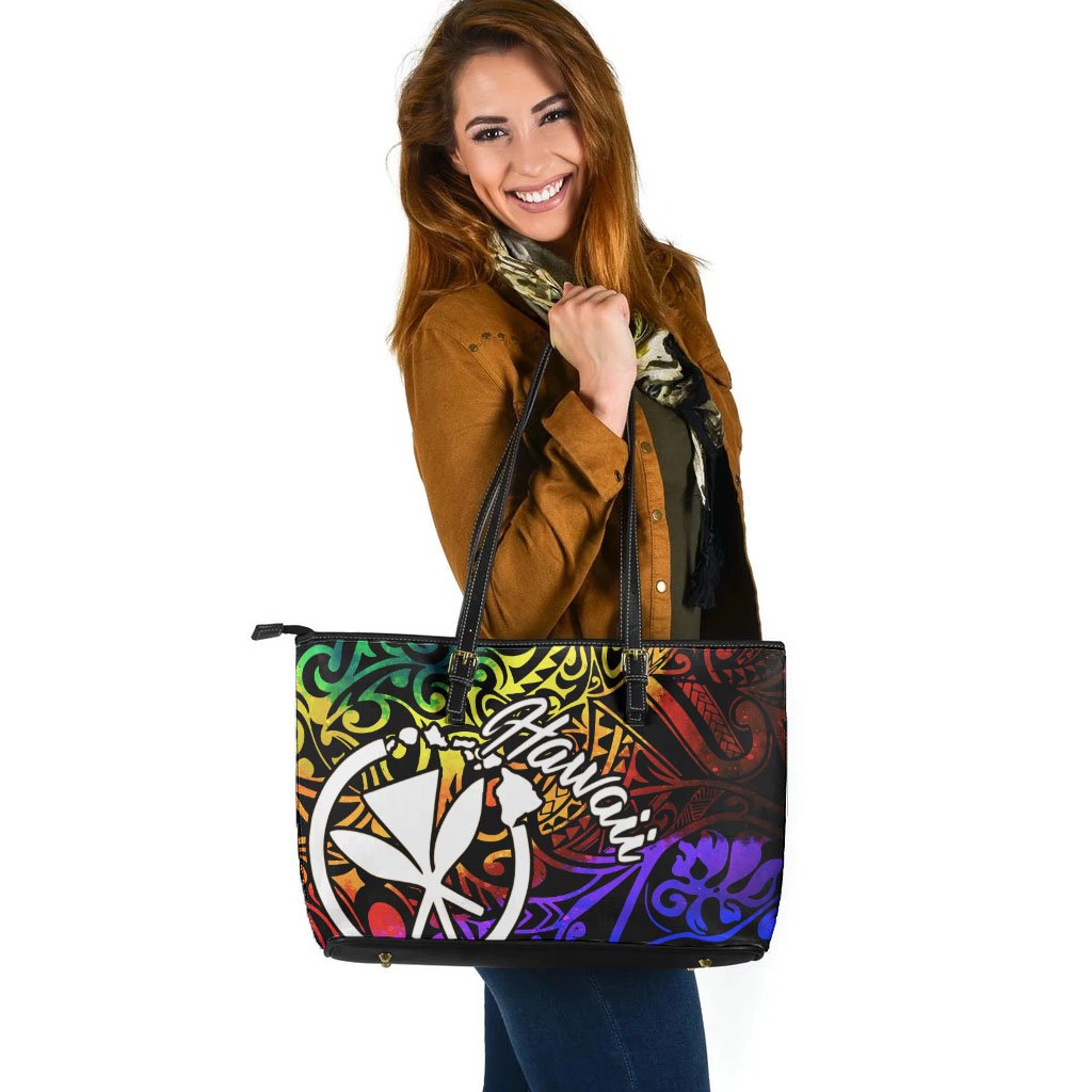 Hawaii Large Leather Tote Bag - Rainbow Polynesian Pattern Rainbow - Polynesian Pride