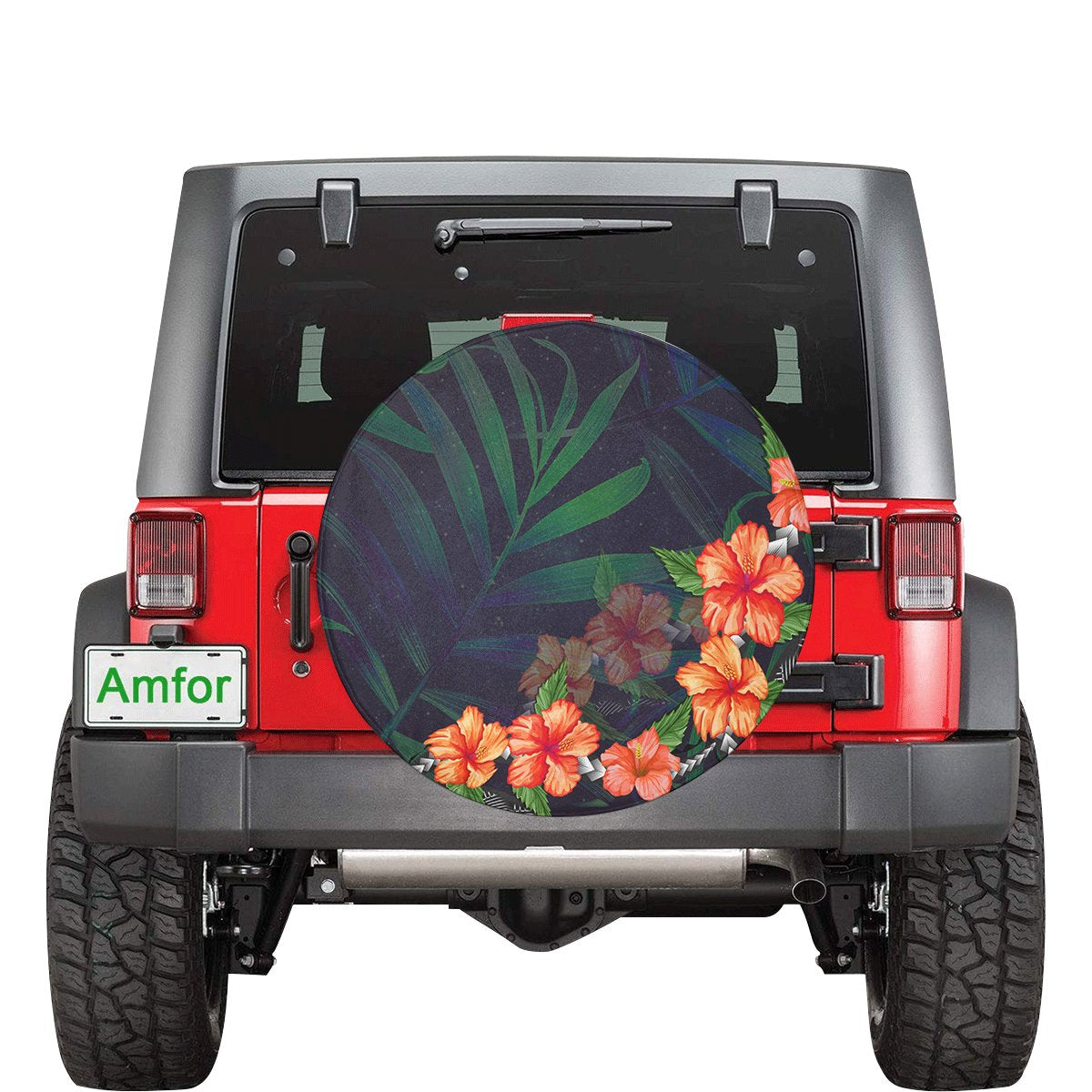 Hibiscus Palm Background Spare Tire Cover AH Black - Polynesian Pride