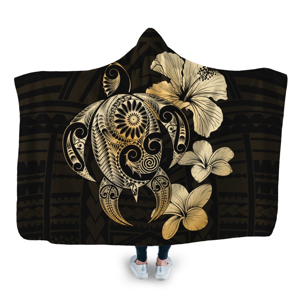 Hibiscus Plumeria Mix Polynesian Turtle Hooded Blanket - AH Hooded Blanket White - Polynesian Pride