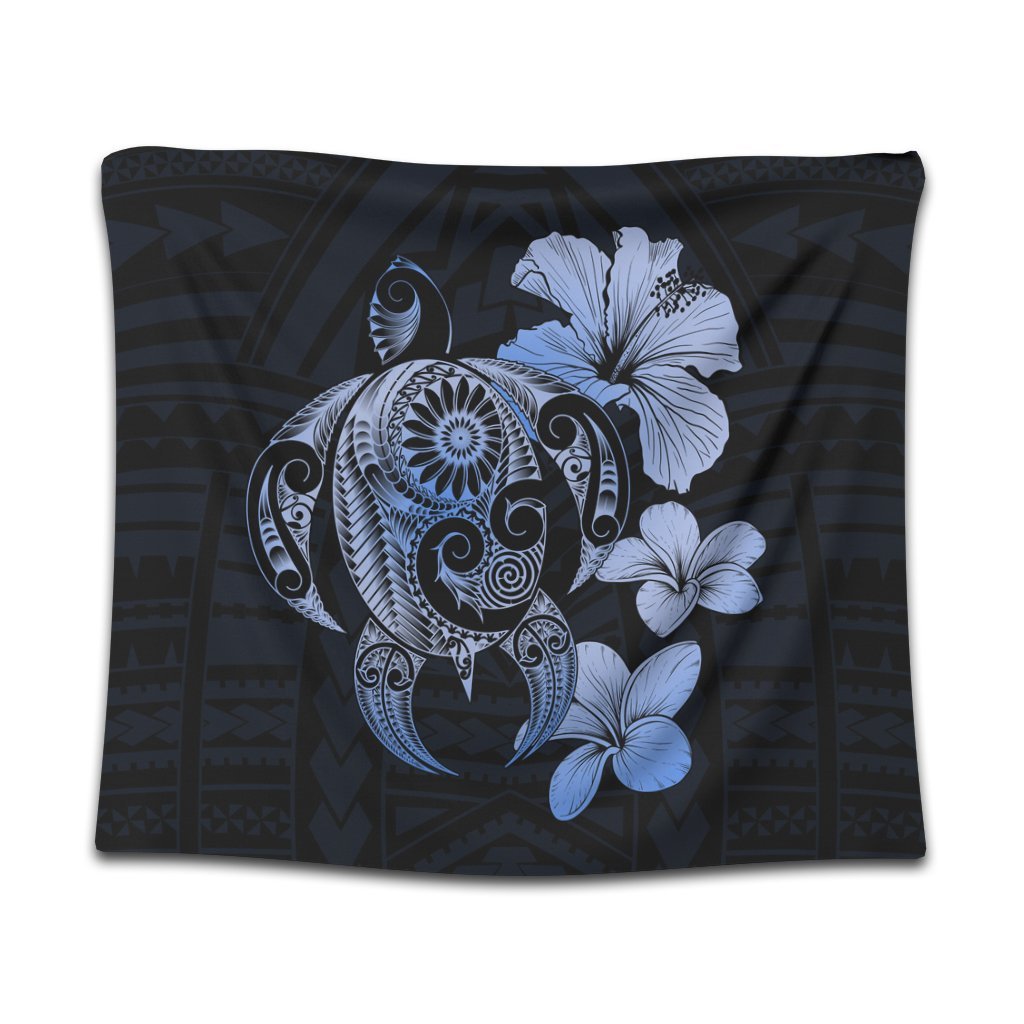 Hibiscus Plumeria Mix Polynesian Turtle Tapestry Blue - AH Wall Tapestry Black - Polynesian Pride