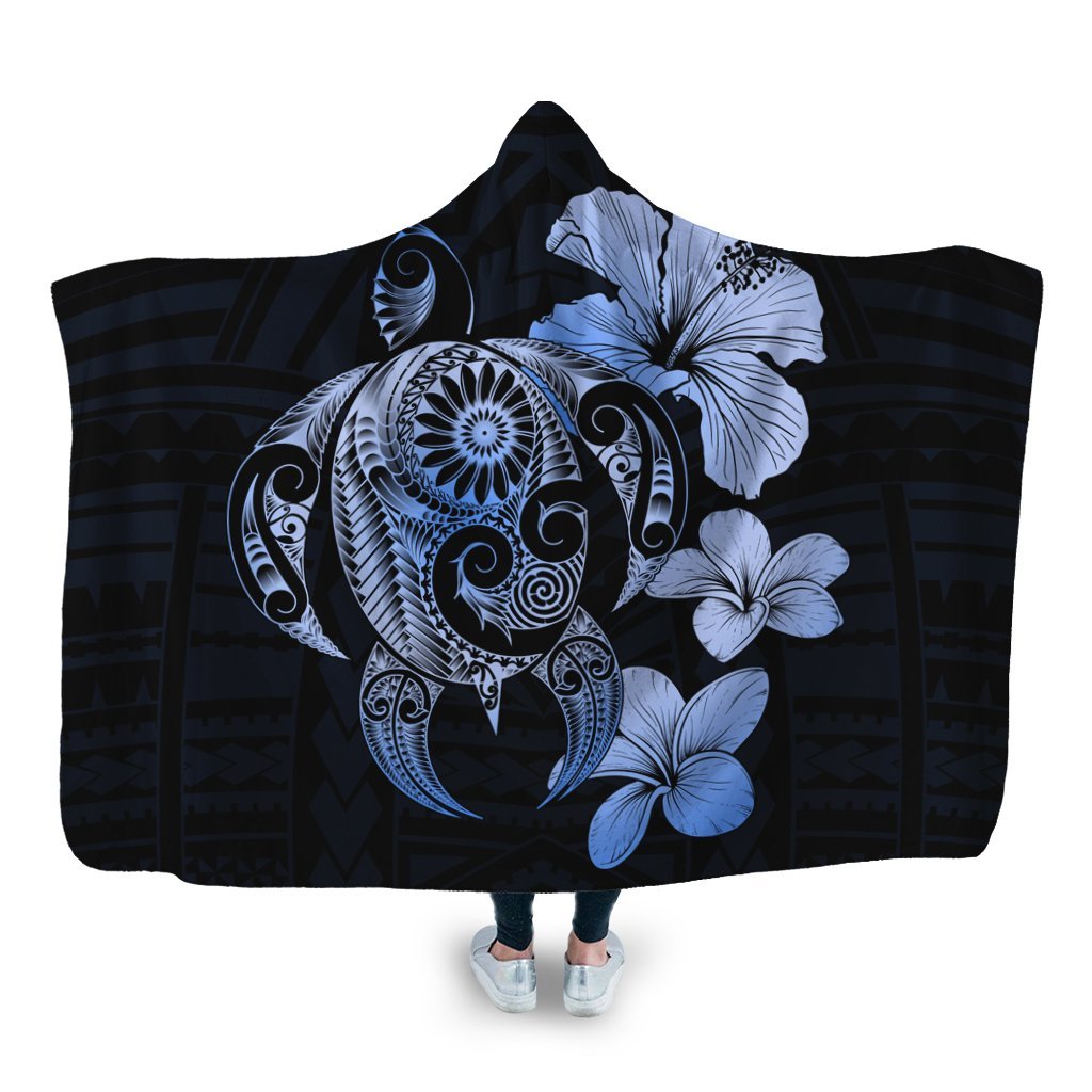 Hibiscus Plumeria Mix Polynesian Turtle Hooded Blanket Blue - AH Hooded Blanket White - Polynesian Pride