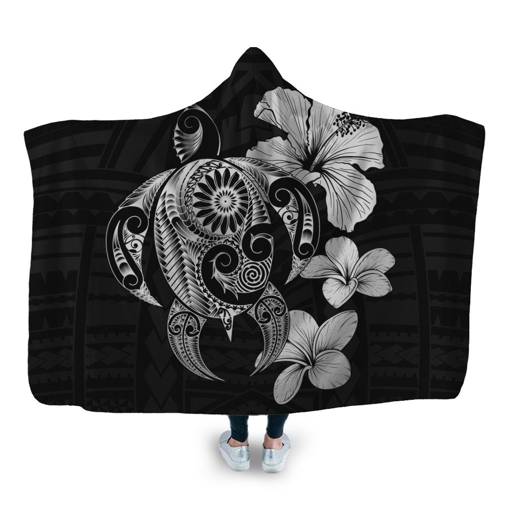 Hibiscus Plumeria Mix Polynesian Turtle Hooded Blanket Gray - AH Hooded Blanket White - Polynesian Pride