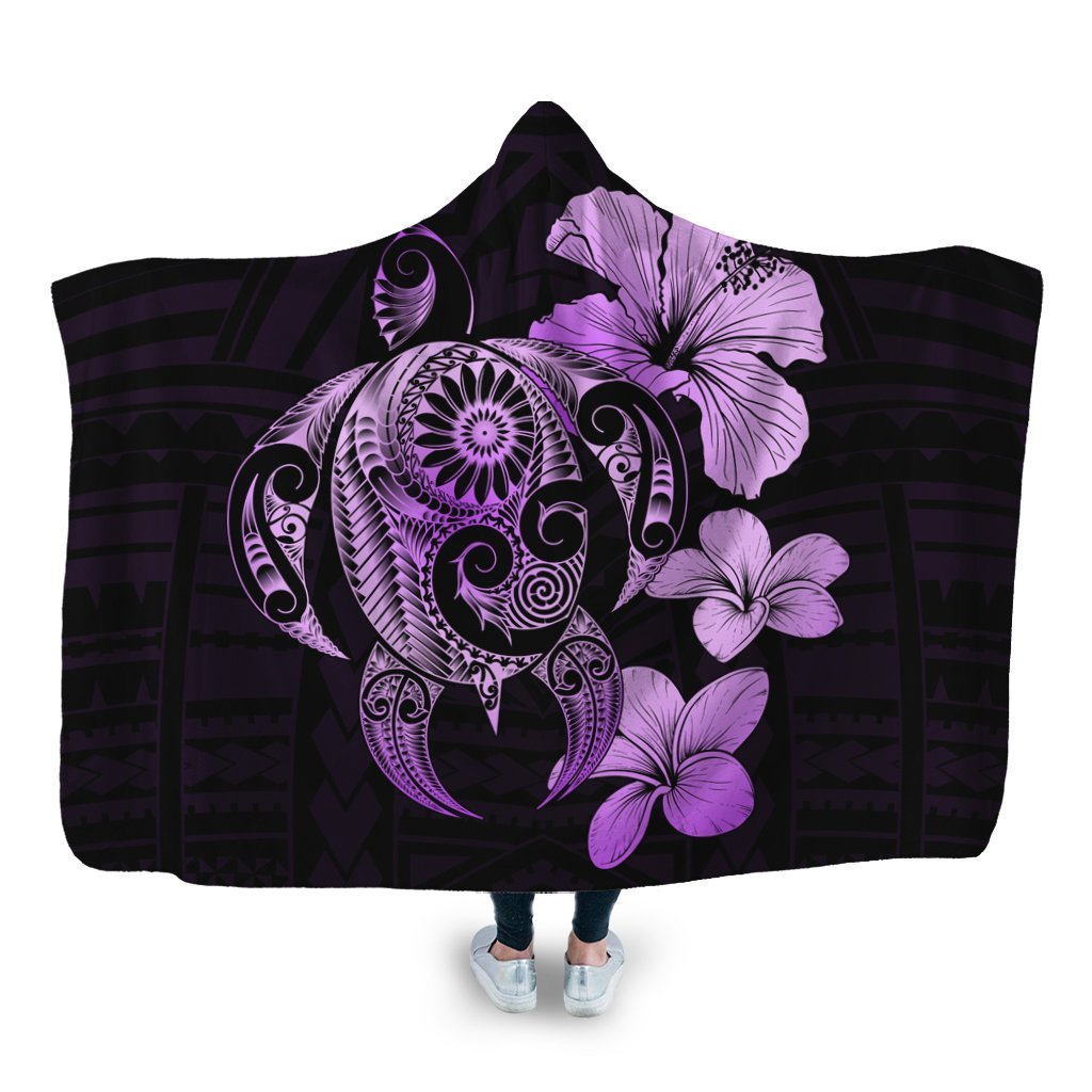 Hibiscus Plumeria Mix Polynesian Turtle Hooded Blanket Violet - AH Hooded Blanket White - Polynesian Pride