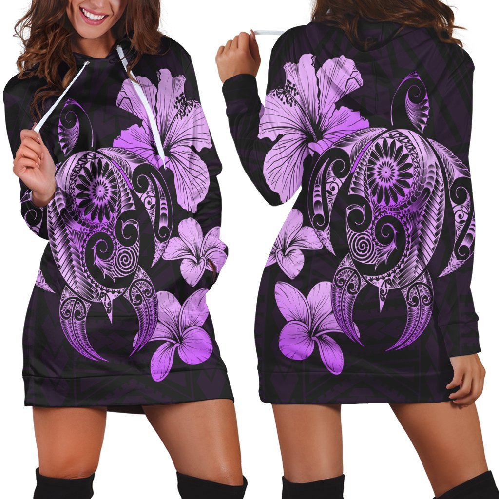 Hibiscus Plumeria Mix Polynesian Turtle Hoodie Dress Violet - AH Black - Polynesian Pride