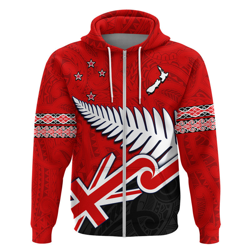 Waitangi Hoodie Aotearoa Tino Rangatiratanga Flag with Silver Fern LT9 Zip Hoodie Red - Polynesian Pride