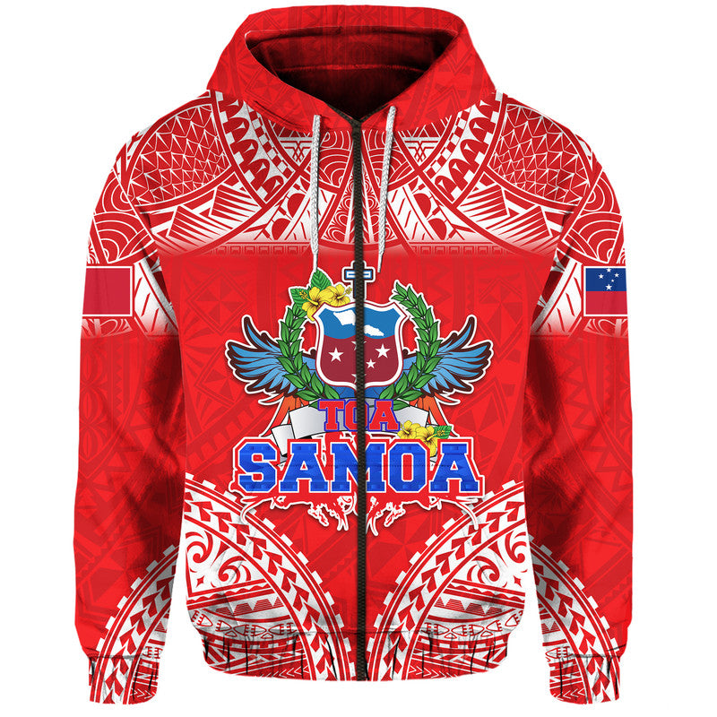 Custom Toa Samoa Polynesian Rugby Hoodie Samoan Flag Red Color LT9 Zip Hoodie Red - Polynesian Pride