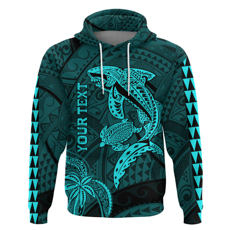 Custom Hawaii Hoodie Shark and Turtle Mix Kakau Turquoise LT9 Pullover Hoodie Turquoise - Polynesian Pride