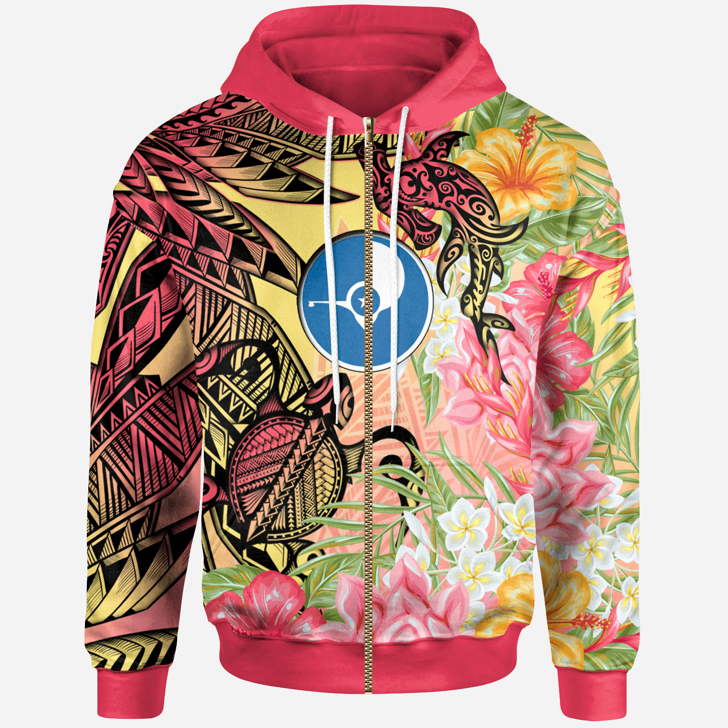 Yap State Zip Hoodie Flowers Tropical With Sea Animals Unisex Pink - Polynesian Pride