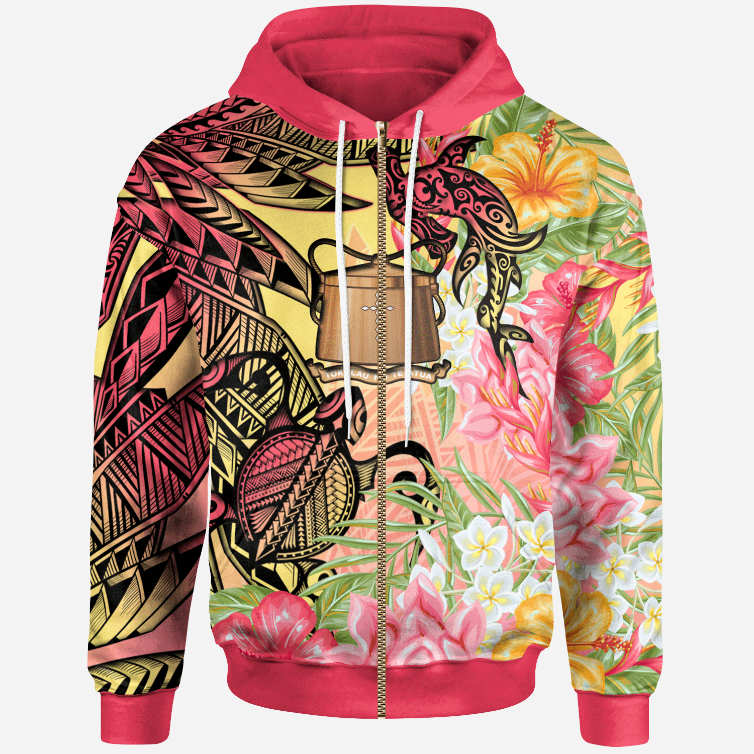 Tokelau Zip Hoodie Flowers Tropical With Sea Animals Unisex Pink - Polynesian Pride