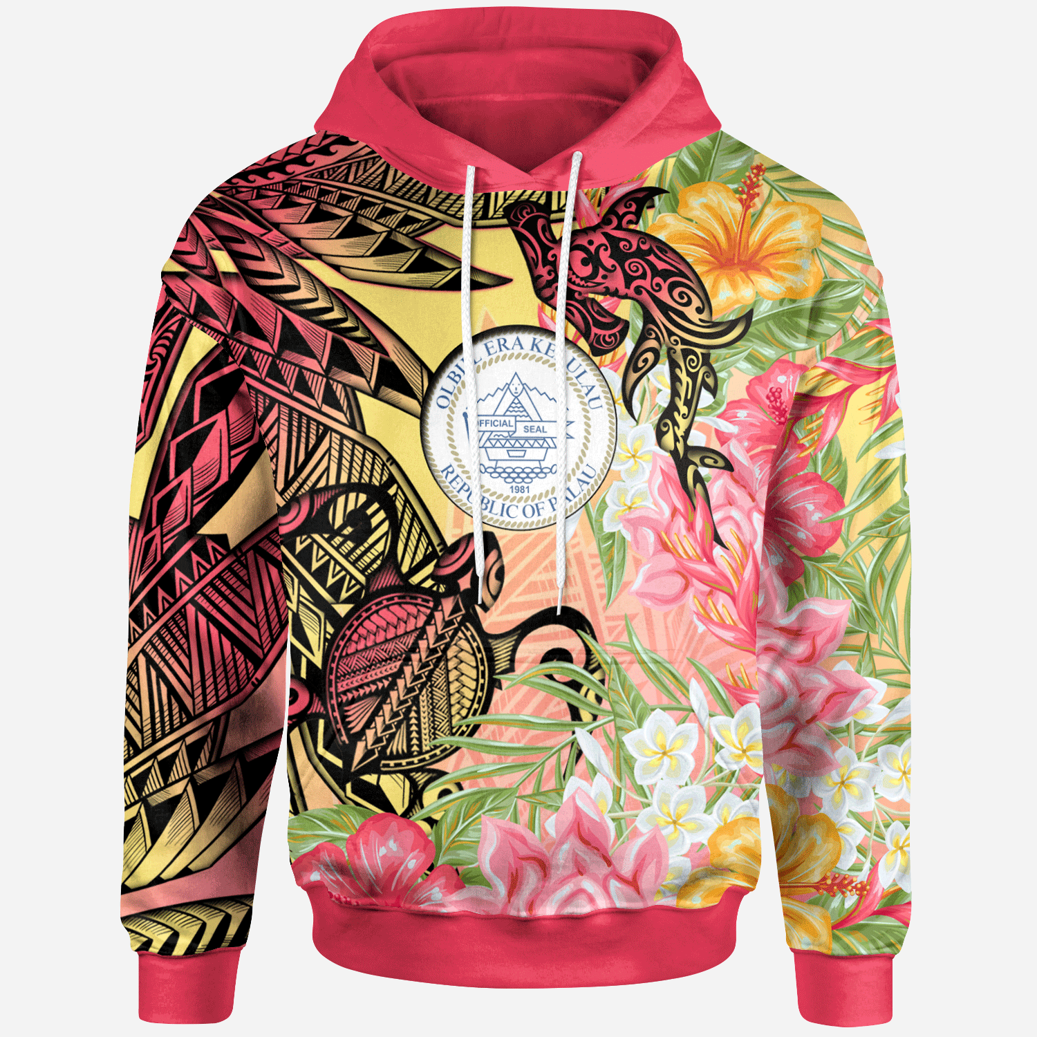 Palau Hoodie Flowers Tropical With Sea Animals Unisex Pink - Polynesian Pride