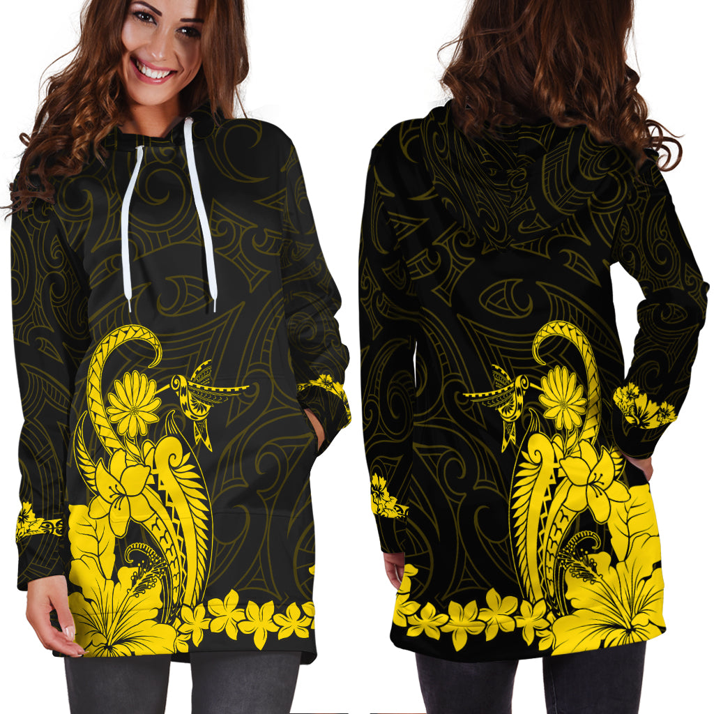 Maori Floral Pattern Hoodie Dress Hummingbird - Gold LT7 - Polynesian Pride